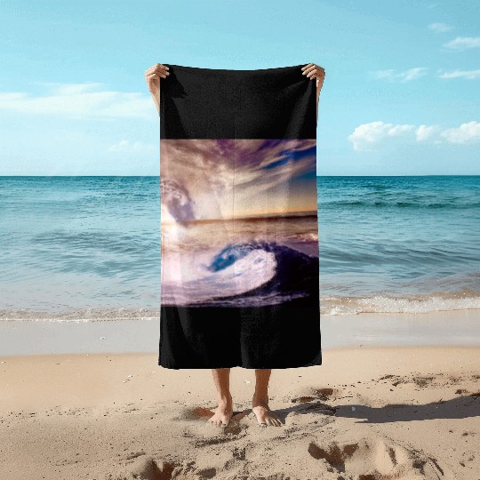 dark blue ocean waves storm fantasy Beach Towels
