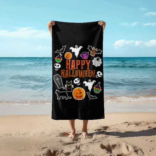Pumpkin Lantern Skull Ghost Happy Halloween Beach Towels