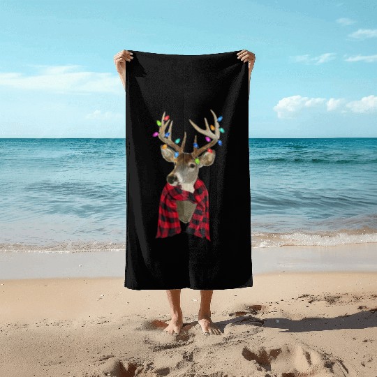 Reindeer Plaid Deer Buffalo Holiday Christmas Beach Towels
