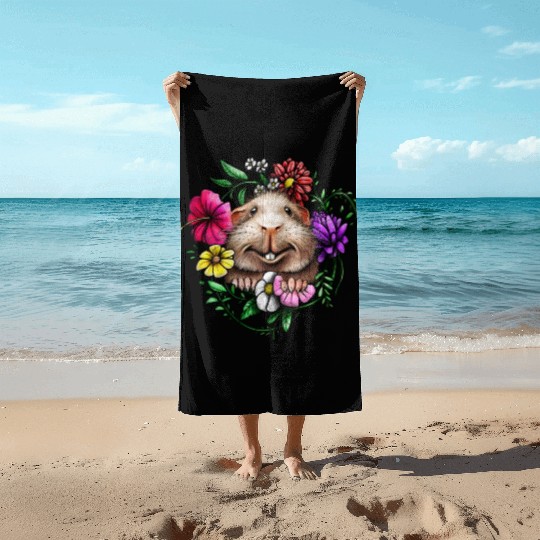 Smooth Hair Guinea Pig With Colorful Flowers Beach Towels