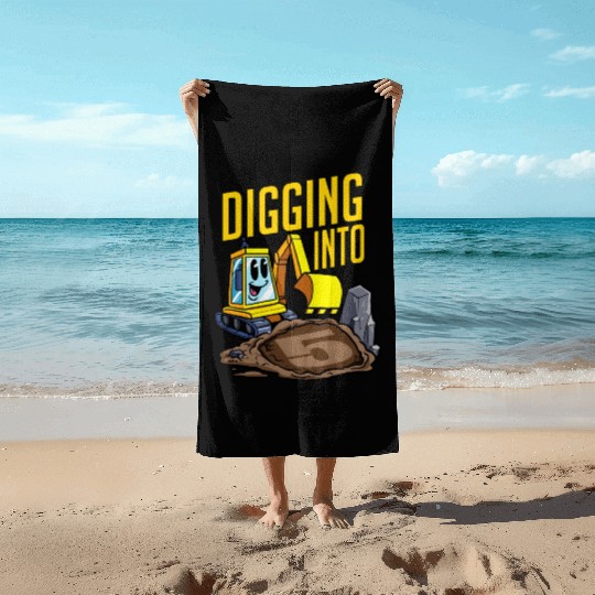 Excavator Driver Digging Into 5 Birthday Excavator Beach Towels