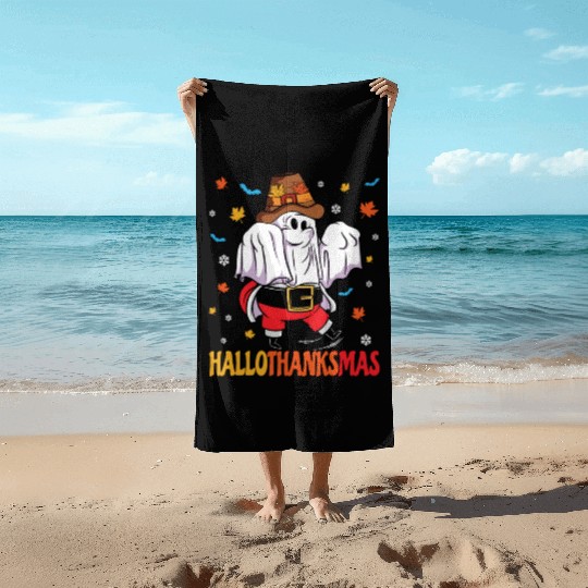 Happy Hallothanksmas Halloween Thanksgiving Santa Beach Towels