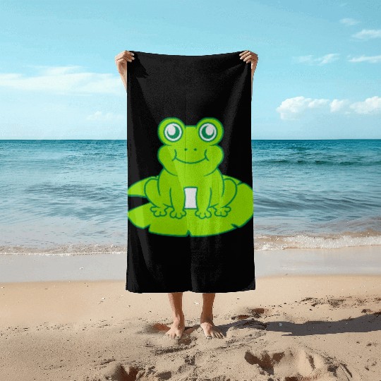 frog sitting water lily sea leaf Beach Towels