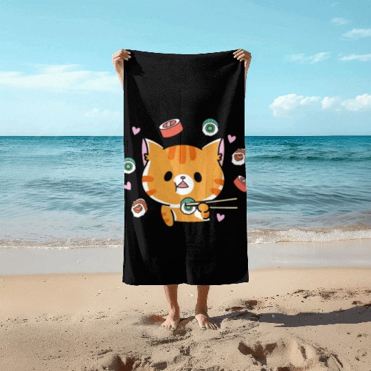 Kawaii Cat Eating Sushi Japanese Raw FoodKawaii Beach Towels