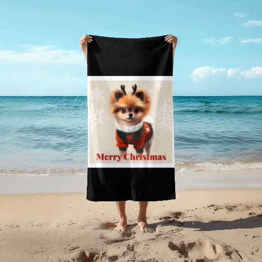 Sweet Miniature Spitz pomeranian in a Christmas. Beach Towels