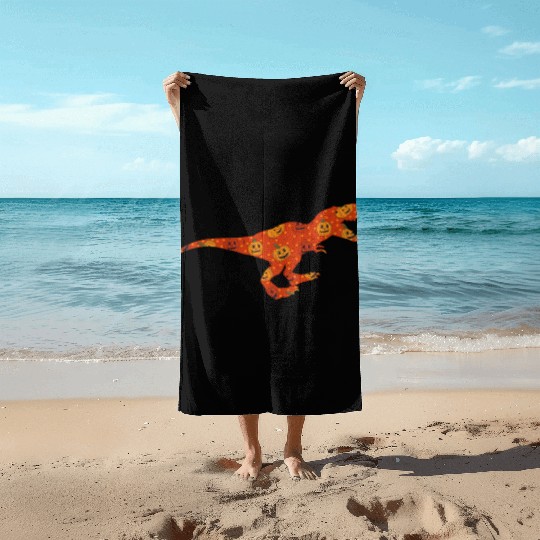 Dinosaur Pumpkin Head Jack O' Lantern Halloween Beach Towels