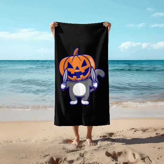 Cat With Pumpkin Head And Knife - Halloween Beach Towels