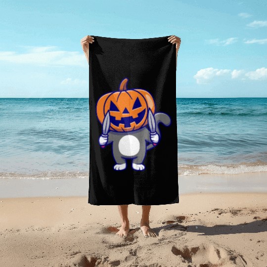 Cat With Pumpkin Head And Knife - Halloween Beach Towels