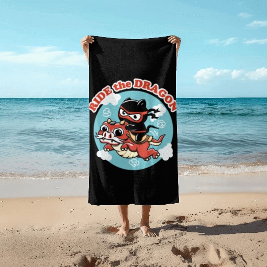 Ride The Dragon | Kawaii Ninja Cat Beach Towels