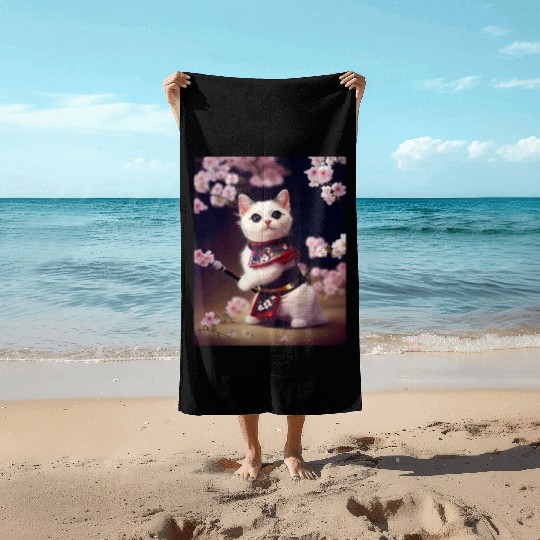 Samurai Cat Beach Towels