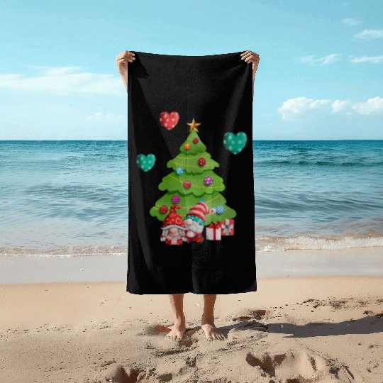 christmas is love, gnomes, christmas tree, love Beach Towels