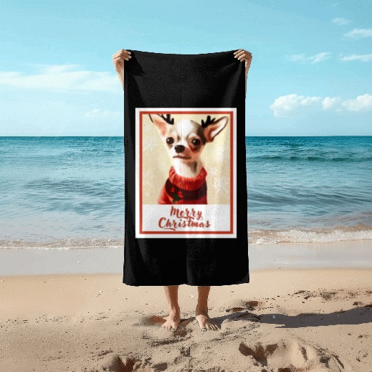 Christmas portrait of a little chihuahua dog. Beach Towels