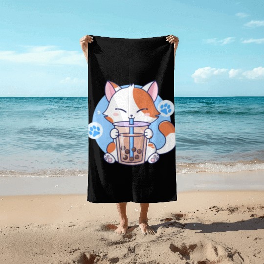 Cat Boba Tea Bubble Tea Kawaii Anime Japanese Neko Beach Towels
