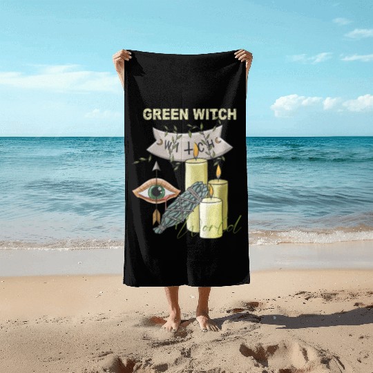 Retro Green Witch World Halloween Beach Towels