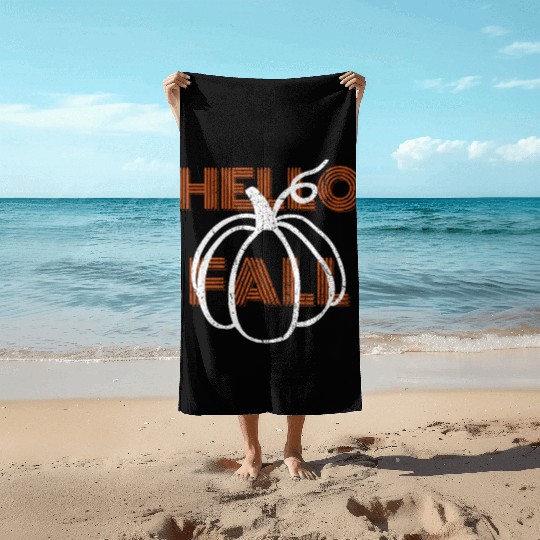 Hello Fall Cute Nature Autumn Pumpkins Beach Towels
