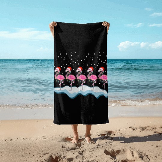 Christmas Pink Flamingo Santa Hat Holiday Lights Beach Towels