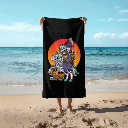 Unicorn Halloween Pumpkin Grim Reaper Beach Towels