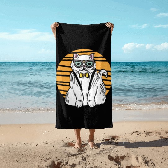 Stylish Nerd Persian Cat Beanie Glasses Tattoo Beach Towels
