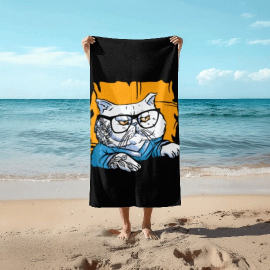 Stylish Nerd Persian Cat Beanie Glasses Tattoo Beach Towels