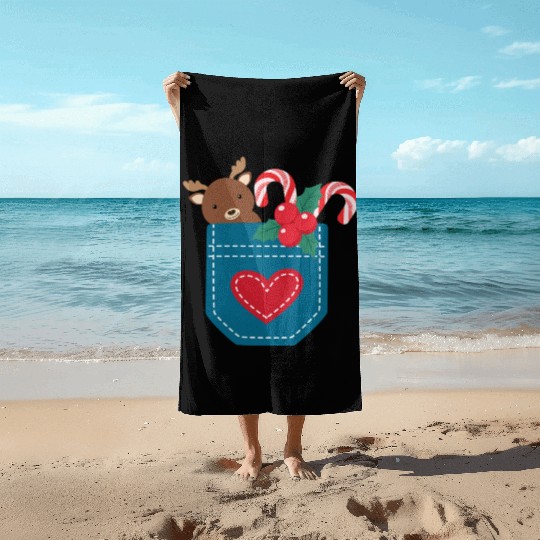 Christmas moose peppermint pocket Beach Towels