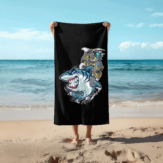Cat Samurai Riding On Shark Beach Towels