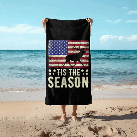 Tis The Season Retro American Flag Dear Hunting Beach Towels