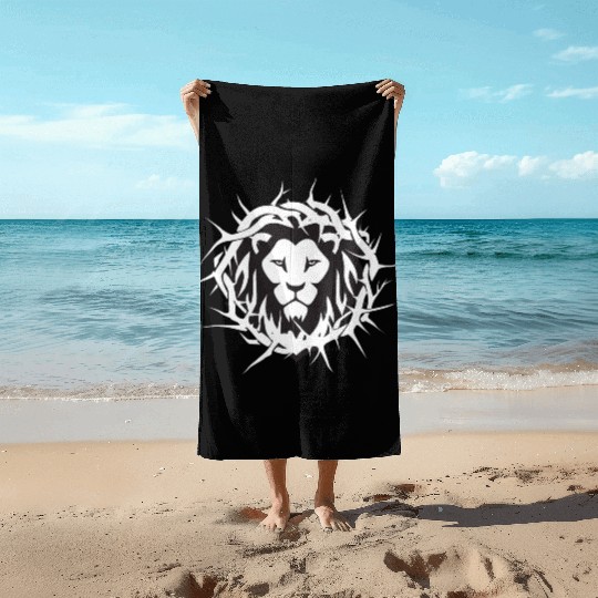 Lion of Judah With A Crown of Thorns Christian Beach Towels
