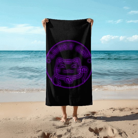 Purple neon lucky cat Beach Towels