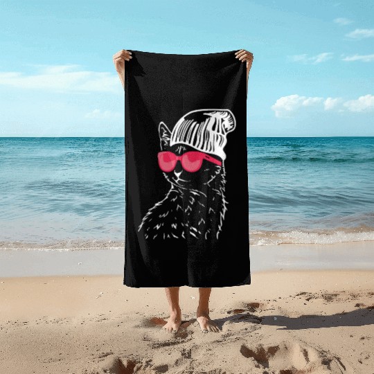 Funny Cat with Red Sunglasses Beach Towels