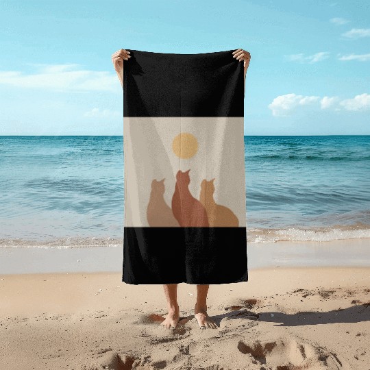 Abstract Boho Cats Relaxed Aesthetic Beige Minimal Beach Towels