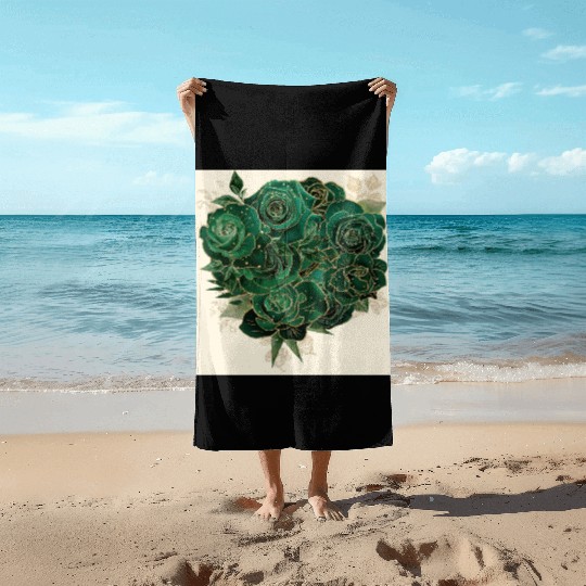 Green and Gold Glam Roses Pattern Beach Towels