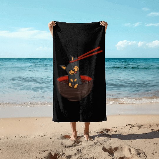Miniature Pinscher Dipping Noodles Beach Towels