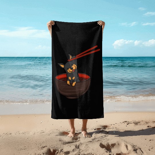 Miniature Pinscher Dipping Noodles Beach Towels