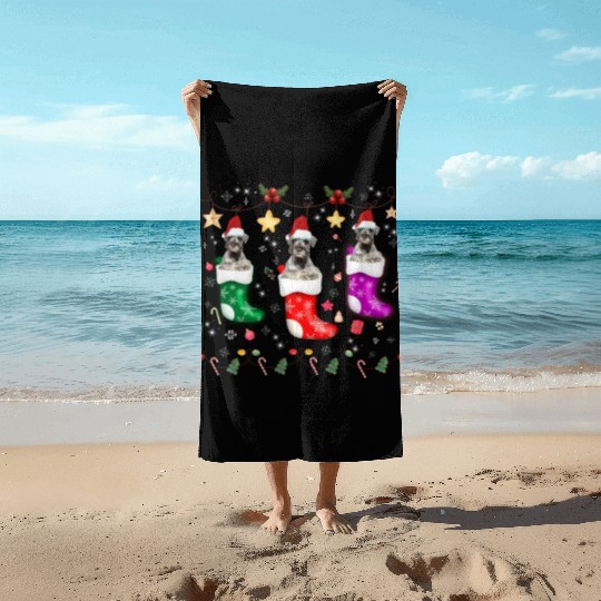 Miniature Schnauzer Christmas Lights Funny Xmas Beach Towels