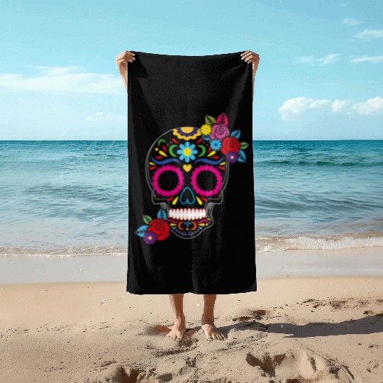 Day of The Dead Colorful Sugar Skull Beach Towels