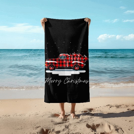 Truck Merry Christmas Buffalo Plaid Merry Xmas Beach Towels