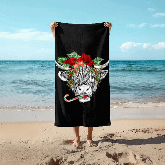 Christmas Highland Cow Merry Christmas Beach Towels