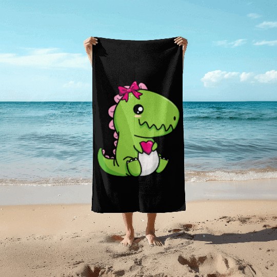 Big sister cute dino siblings boy girl heart love Beach Towels