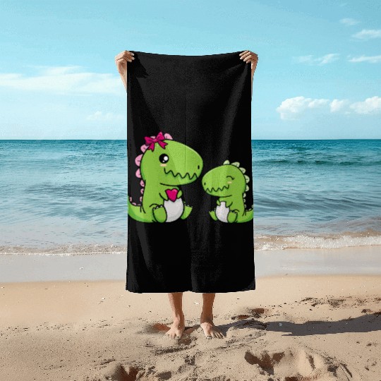 Big sister brother dino siblings boy girl heart Beach Towels