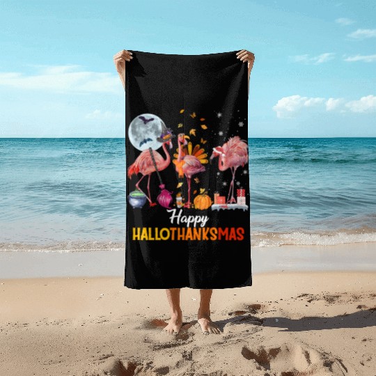 Flamingo Halloween And Merry Christmas Happy Beach Towels