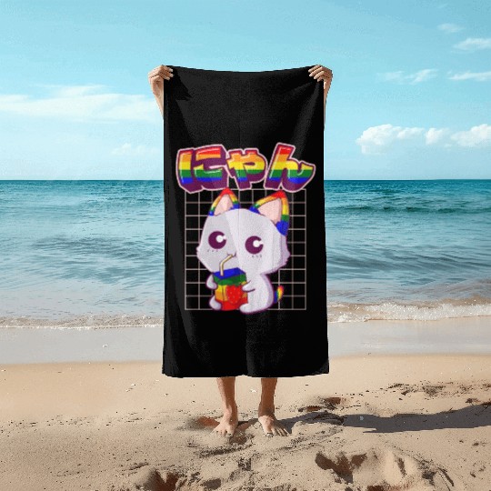 Gay Pride Kawaii Cat Strawberry Milk Rainbow Flag Beach Towels