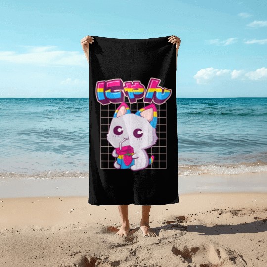 Pansexual Pride Kawaii Cat Strawberry Milk Pansexu Beach Towels