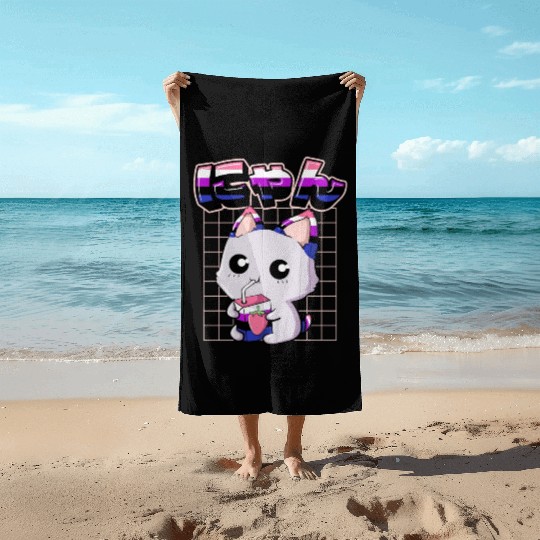 Genderfluid Pride Kawaii Cat Strawberry Milk Beach Towels