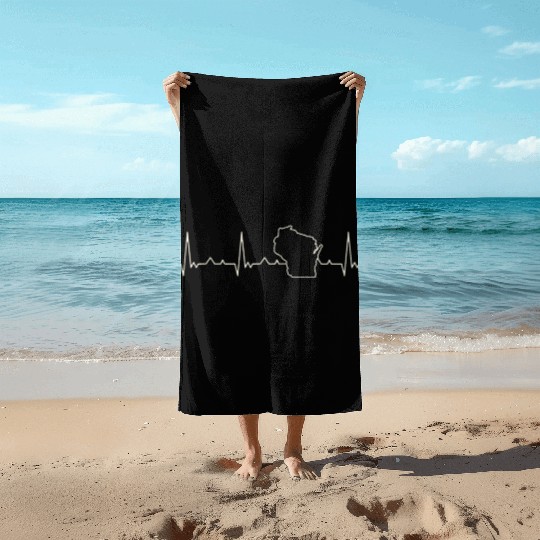 Wisconsin State USA. Heart. Love. EKG. Pulse. Beach Towels