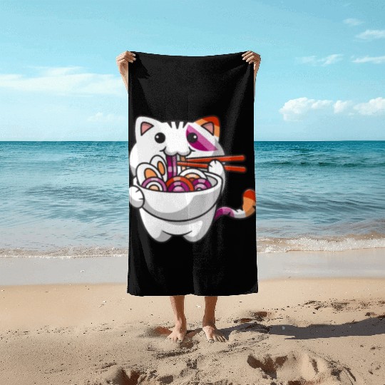 Lesbian Pride Gay Kawaii Cat Ramen Noodles Lesbian Beach Towels