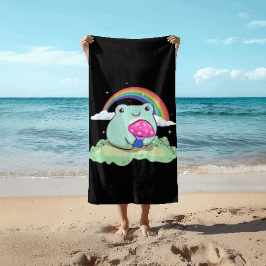 Bisexual Pride Bi Kawaii Frog Mushroom Cottagecore Beach Towels