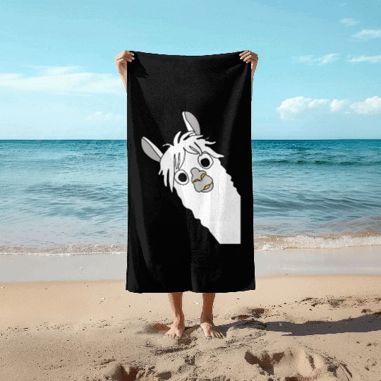 Laughing alpaca comic lama in white with big eyes Beach Towels