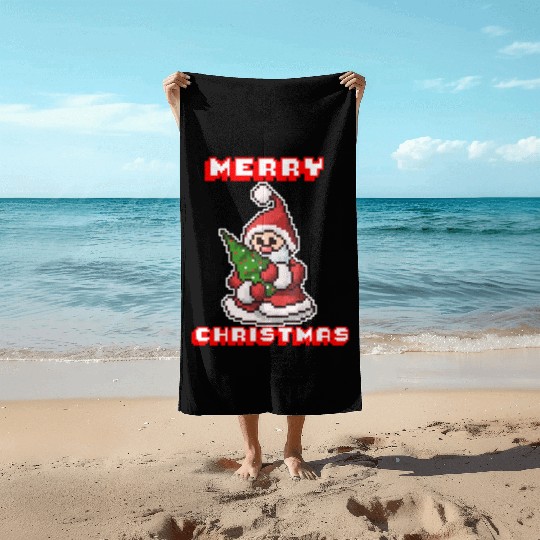 Merry Christmas I Xmas I 8 Bit Pixelated Santa Beach Towels