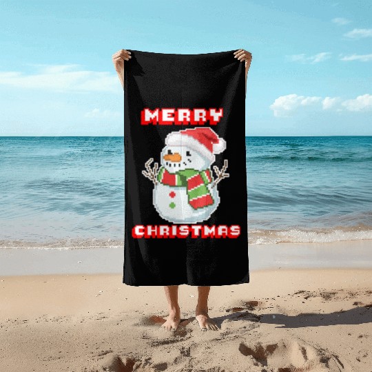 Merry Christmas I Xmas I 8 Bit Pixelated Snowman Beach Towels