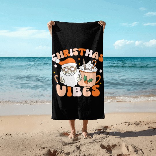 Retro Groovy Christmas Vibes Cute Santa Claus Xmas Beach Towels